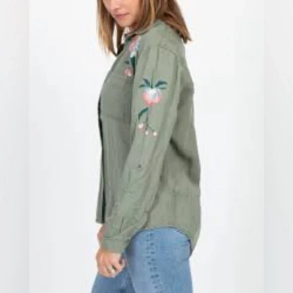 RAILS Marcel Embroidered Floral Button Up Linen Flannel in Sage Size xs - Picture 2 of 8